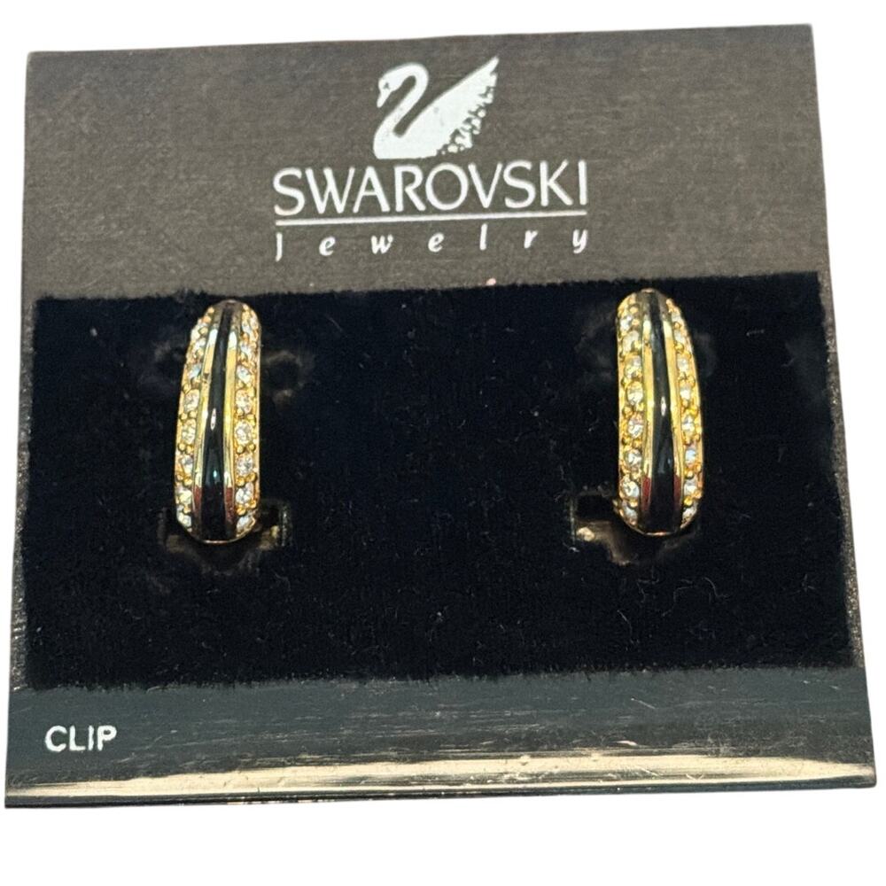 Swarovski Black Enamel Gold-tone Crystal Clip-Back Earrings, Vintage